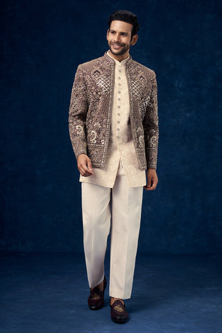 Brown and Cream Raw Silk Mens Jodhpuri Set with Sequin and Zari Work
