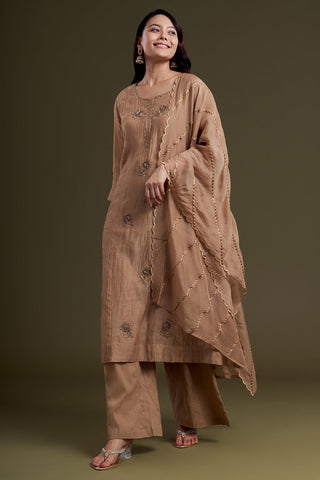 Light Brown Chanderi Silk Kurta Set with Resham Finishing