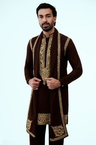 Brown Dupion Silk Mens Kurta Set with Intricate Threadwork