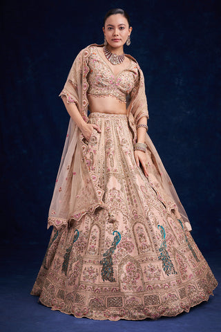 Brown Gold Raw Silk Bridal Lehenga with Zardozi and French Knot Work