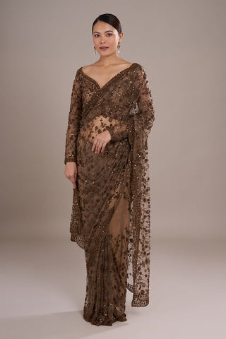 Brown Net Saree with Sequin Embroidery and Stitched Blouse
