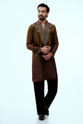 Brown Ombre Tissue Organza Mens Kurta Set with Metallic Handwork