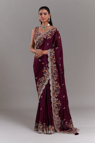 Burgundy Crepe Embroidered Saree with Stitched Blouse