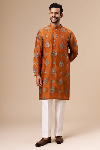 Burnt Orange Art Silk Mens Kurta Set with Zari and Sequin Work