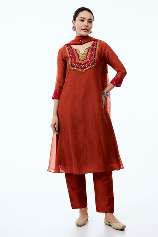Burnt Orange Cotton Suit Set with Resham and Sequin Work
