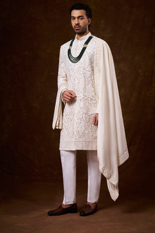 Champagne Art Silk Groom’s Sherwani with Zardozi Work