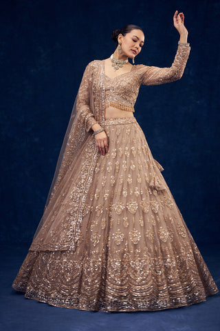 Champagne Beige Net Lehenga with Cutdana and Sequin Hand Work