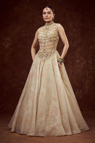 Champagne Gilded Gown with Ornate Embellishments