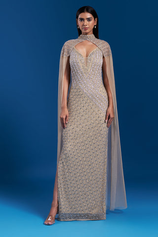 Champagne Gold Cape Gown with Bead Embroidery