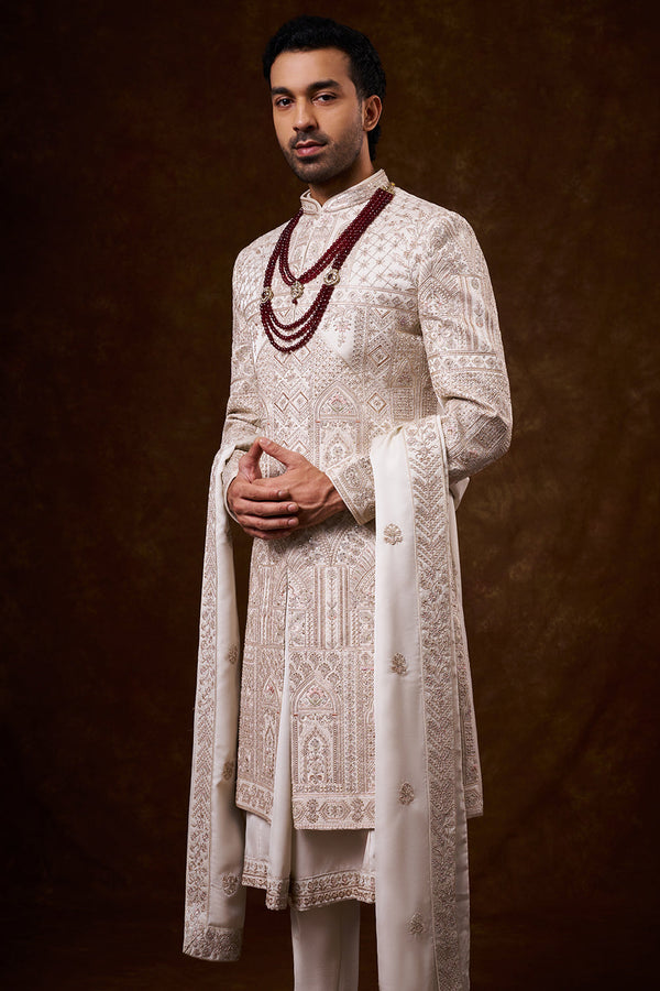 Champagne Nokia Silk Groom’s Sherwani with Zari Work