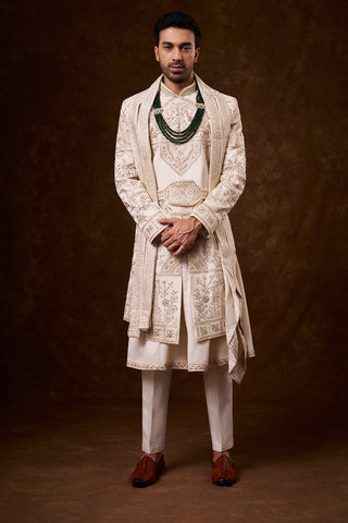 Champagne Tussar Silk Groom’s Sherwani with Zardozi Work