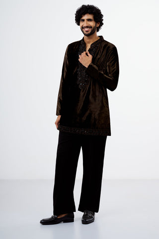 Chocolate Brown Embroidered Velvet Men's Kurta Set