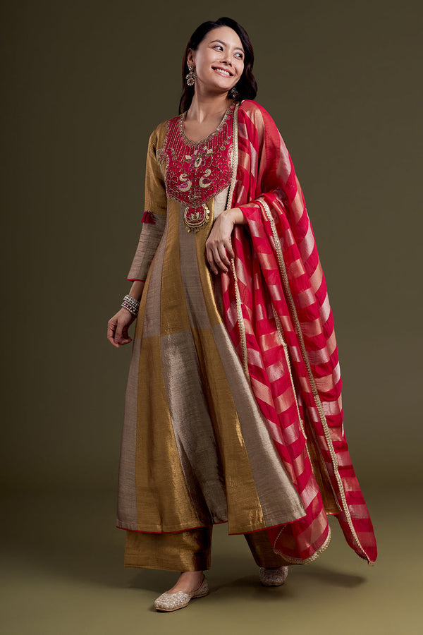 Copper Gold Chanderi Silk Anarkali Set