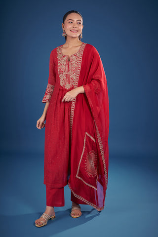 Coral Red Muslin Kurta Set with Zari Embroidery