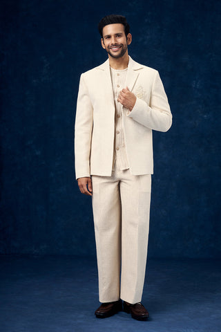 Cream Cotton Jute Mens Indo Western Set with Cutdana Work