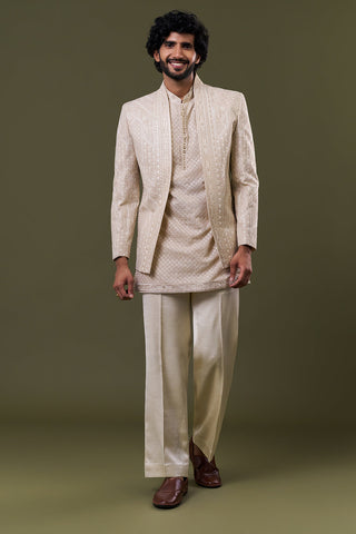 Cream Georgette Tonal Embellished Jacket Set