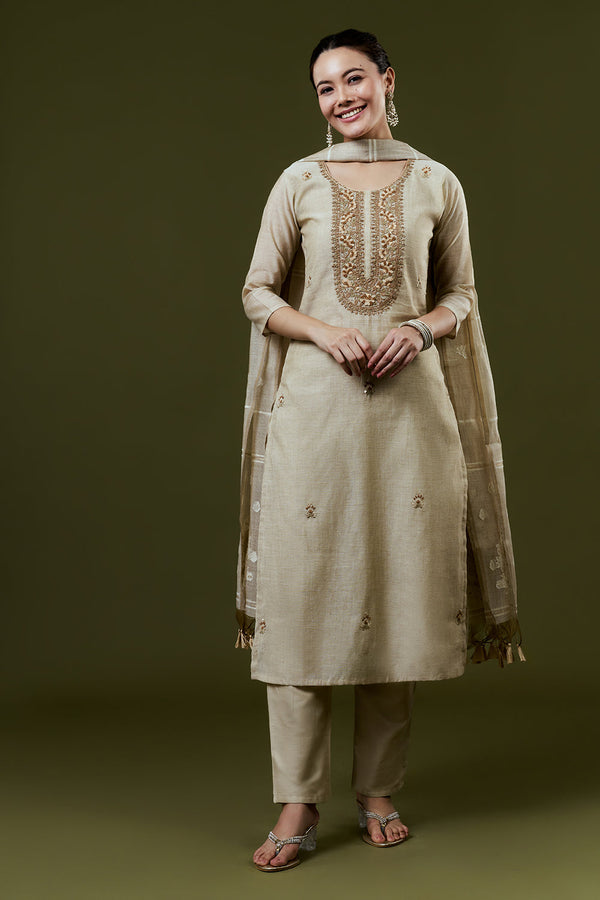 Cream Khadi Silk Suit Set with Embroidery Work