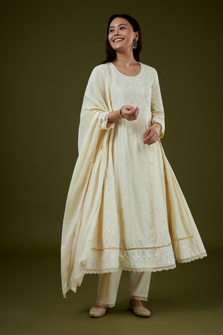 Cream Mul Cotton Anarkali Set with Chikankari Work