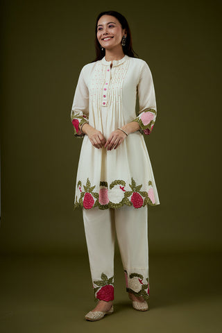 Cream Mul Cotton Coord Set with 3D Floral Work