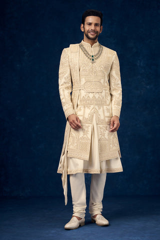 Cream Raw Silk Embroidered Groom Sherwani with Zardosi Handwork