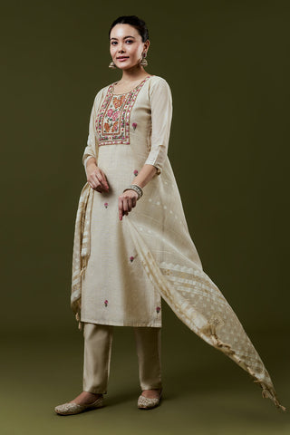 Cream Silk Suit Set With French Knot and Embroidery Work