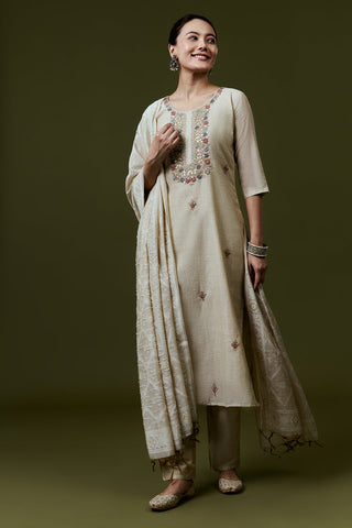 Cream Silk Suit Set With French Knot and Gotta Work