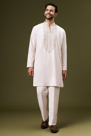 Cream White Georgette Mens Kurta Set with Pittan and Bead Work