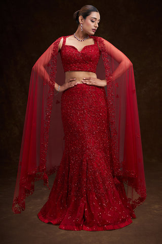 Crimson Red Net Bridal Lehenga with Cutdana Sequin and Bead Work