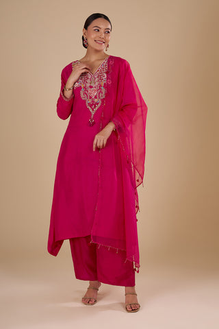 Rani Pink Silk Blend Kurta Set with Resham-Embroidered Neckline