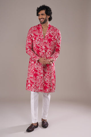 Crimson Silk Blend Men's Kurta Set with Threadwork