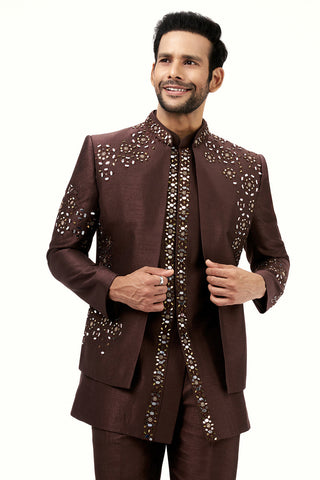 Dark Brown Raw Silk Mens Jodhpuri Set with Mirror Work