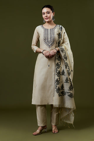 Dark Cream Khadi Silk Suit Set With French Knots Embroidery