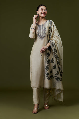 Dark Cream Khadi Silk Suit Set With French Knots Embroidery