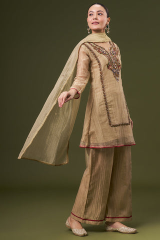 Dark Golden Tissue Salwar Kameez with Thread and Zari Work