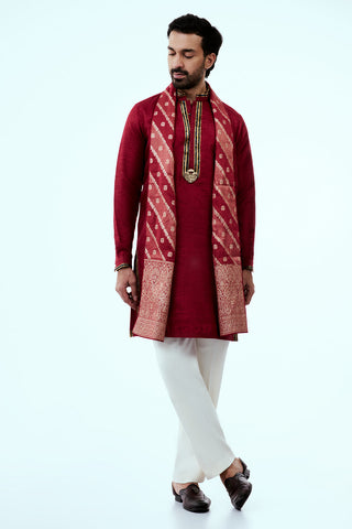 Dark Red Art Silk Mens Kurta Set with Zari and Embroidery Work