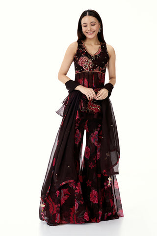 Dark Wine Coloured Organza Peplum Sharara Suit with Mirror and Cutdana Work