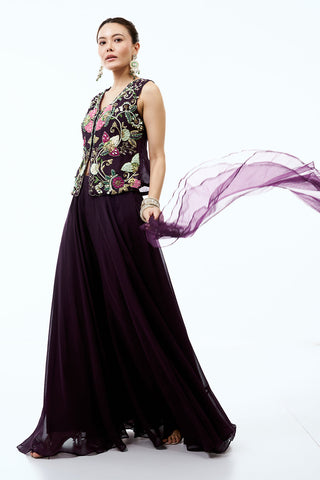 Dark Wine Organza Indo Western Set With Moti and Applique Work