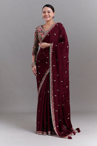 Deep Maroon Crepe Saree with Stitched Blouse