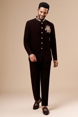 Deep Wine Georgette Jodhpuri with Cut Dana and Zari Elephant Motif