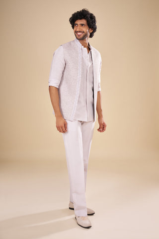 Dove Grey Linen Jacket Set with Scalloped Lace Border.