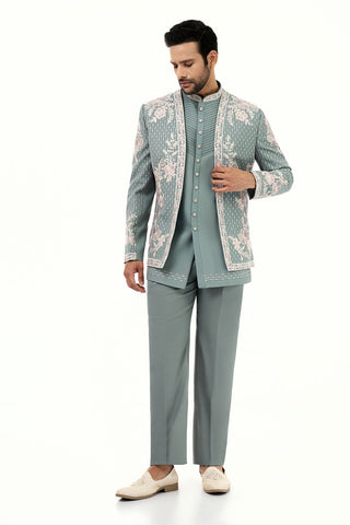Dusky Blue Art Silk Mens Jodhpuri Set with Resham Work