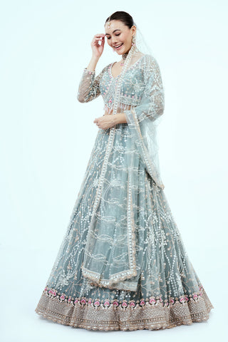 Dusty Blue Hand Embroidered Net Lehenga with Cutdana Work