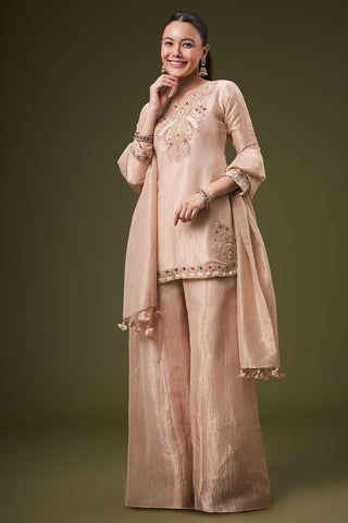 Dusty Peach Tissue Palazzo Suit with Resham and Gota Work