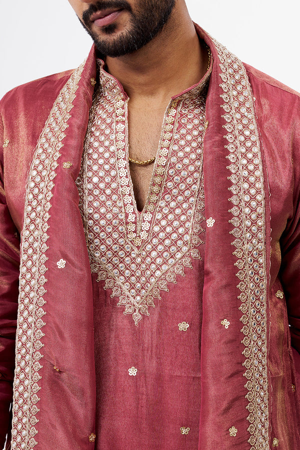 Dusty Rose Pink Tissue Men's Silk Kurta Set