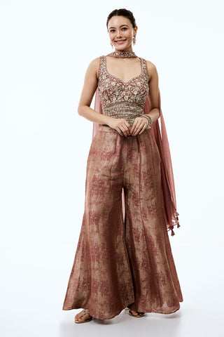 Dusty Rose Tissue Indo Western Set with Sequins and Cutdana Work