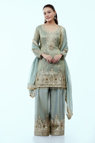 Dusty Sage Green Shimmer Tissue Suit with Zari and Mirror Work