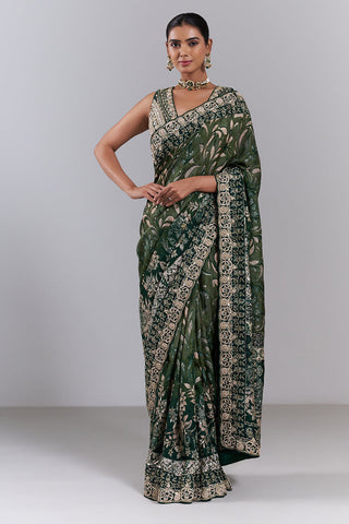 Emerald Green Tussar Silk Embellished Saree And Stitched Blouse