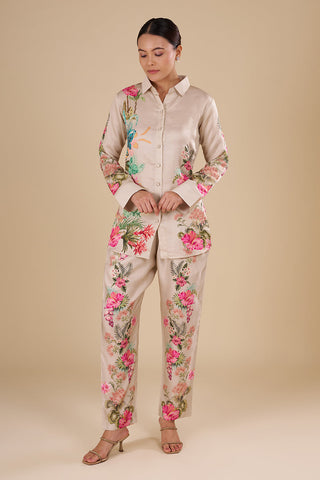 Floral Digital Print Beige Silk Co-ord Set