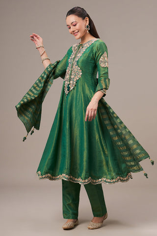 Forest Green Tissue Silk Anarkali Suit with Resham and Zardosi Work