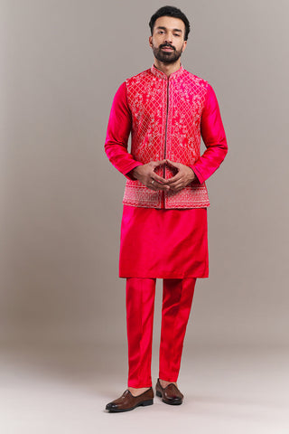 Fuchsia Art Silk Floral Motifs Men's Kurta with Jacket